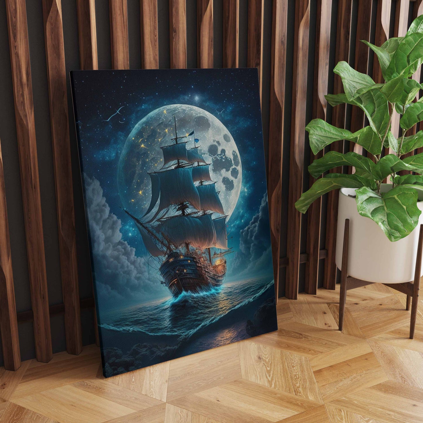 Lunar Voyage: A Wall Art Capturing a Sailing Ship Gliding Beneath the Moon's Illuminating Gaze - Sail into the Mystical Night - S05E76