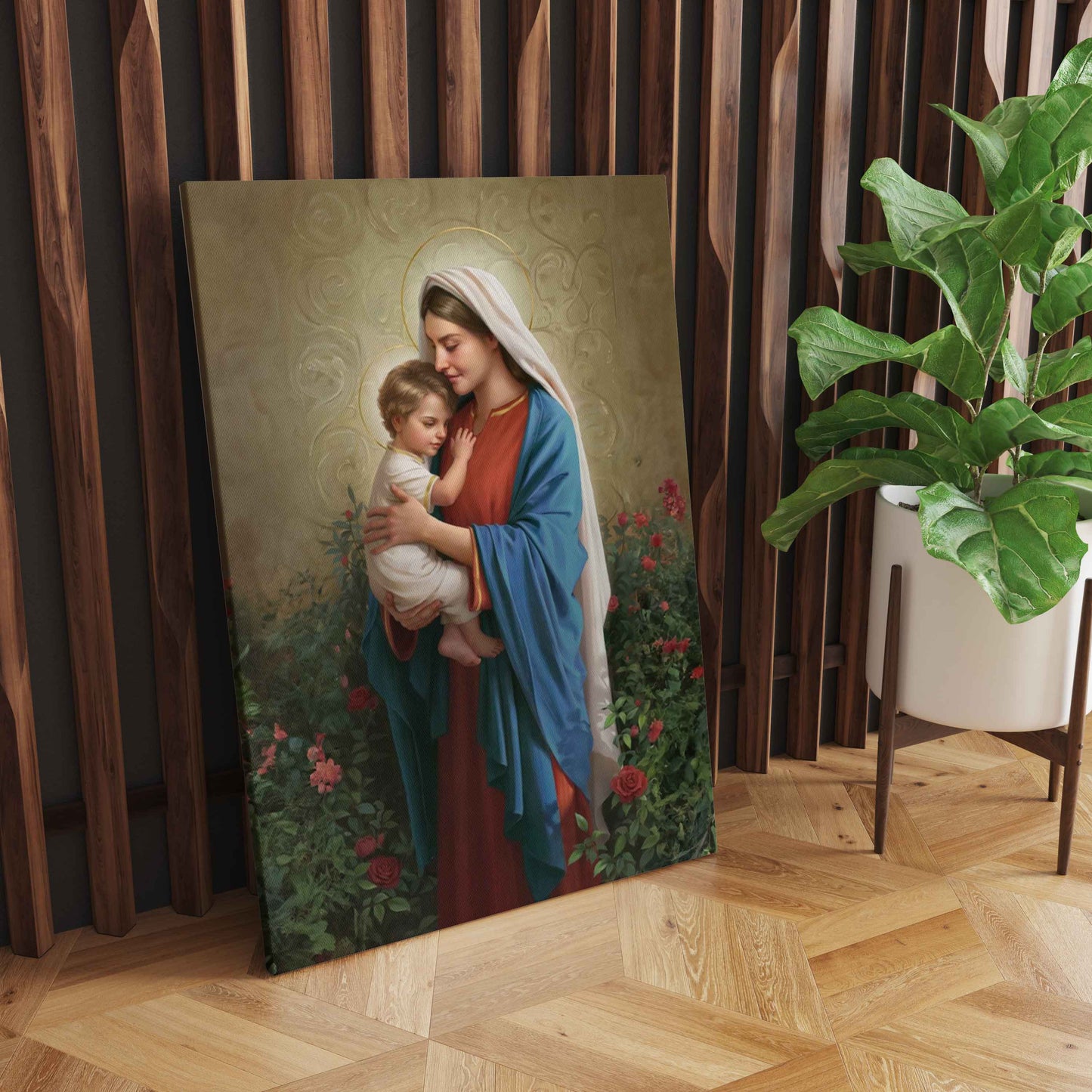 Tender Embrace: Mother Mary and Childhood Jesus - Serene Wall Art Celebrating the Unconditional Love and Sacred Bond between a Mother and Child - S05E34