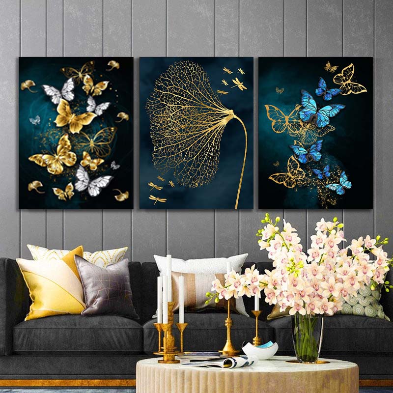 Beautiful Butterflies Art Wall Decor - Set of 3 Tiles with Gold, Blue, Black and White Print on Fabric Wrapped Around Wooden Frame - Perfect for Home or Office Decoration S04E29