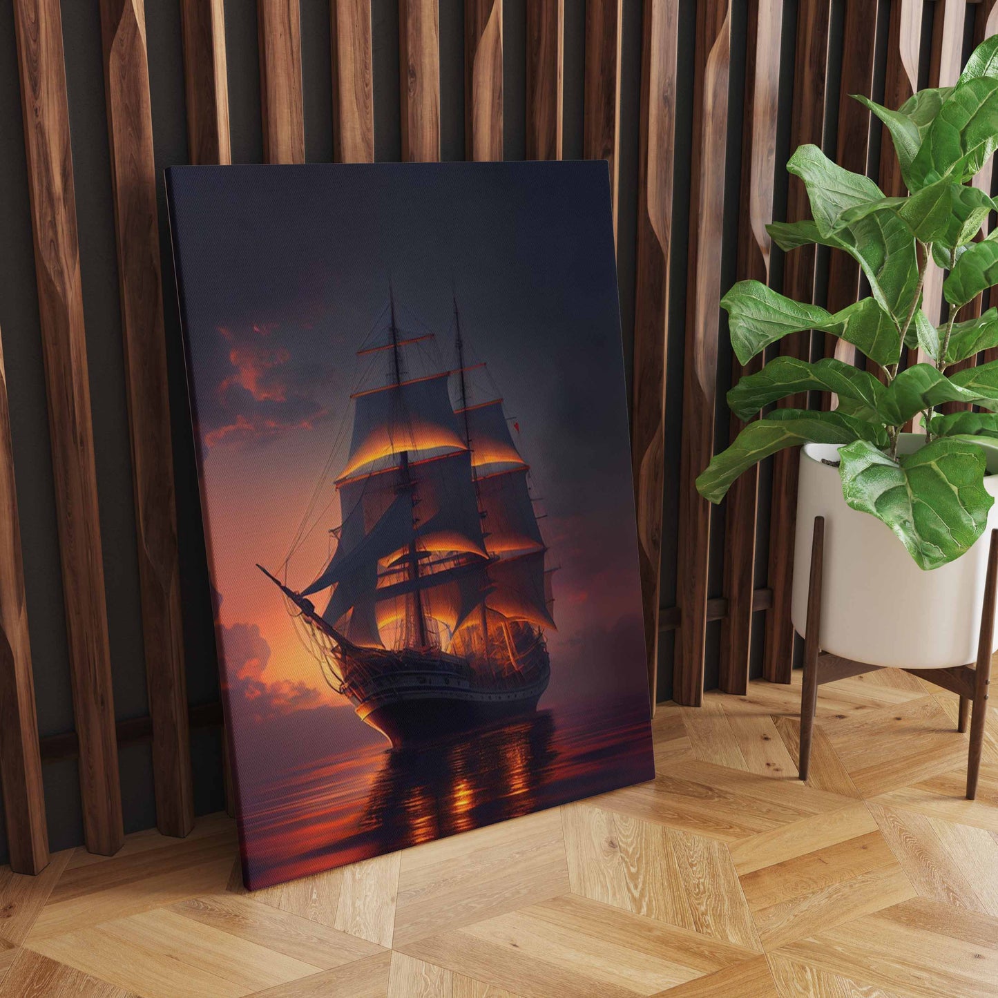 Sailing into Sunset's Embrace: A Wall Art Capturing a Majestic Ship Navigating the Sea in the Warm Glow of Dusk - Embark on a Voyage of Golden Tranquility - S05E79