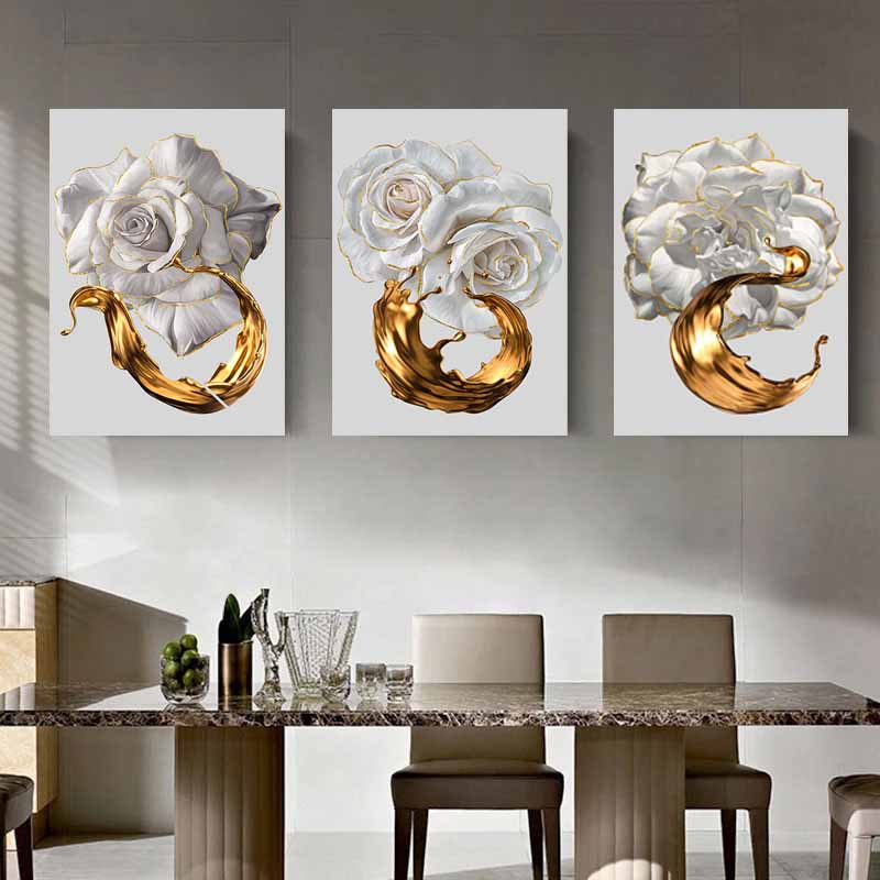 White Rose Flower Golden Ink Splash Abstract Wall Art, Modern Living Room Decoration S04E27