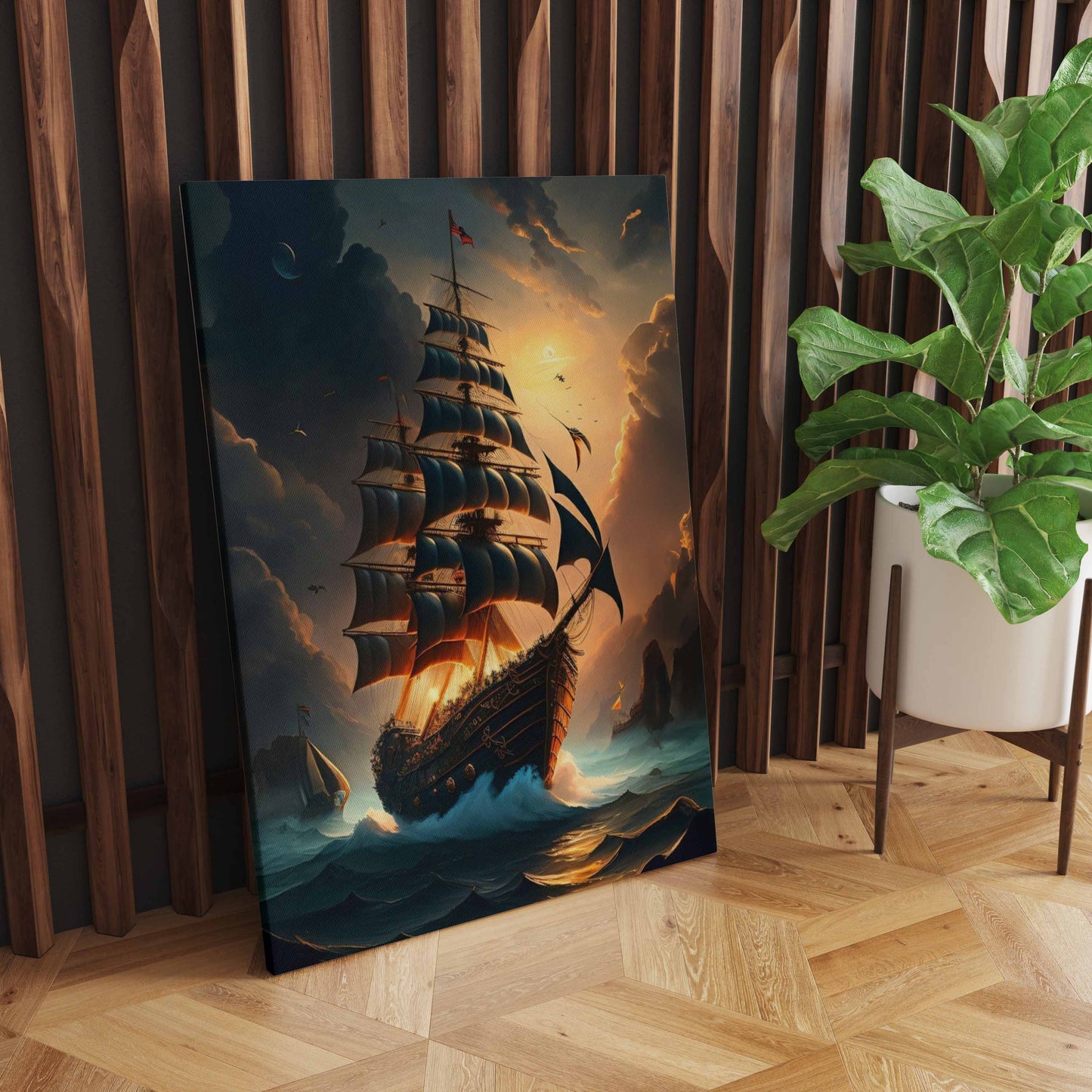 Sun-Kissed Odyssey: A Wall Art Capturing a Sailing Ship Amidst Sea Waves and the Gentle Glow of Dawn - Embark on a Radiant Nautical Journey - S05E77