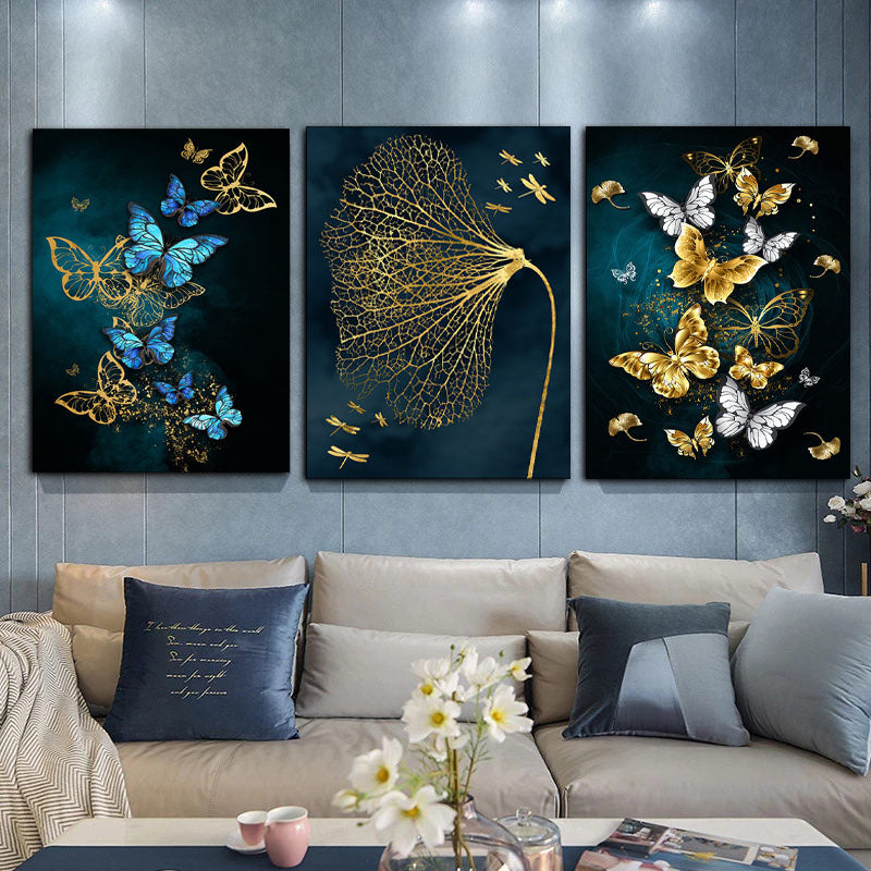 Beautiful Butterflies Art Wall Decor - Set of 3 Tiles with Gold, Blue, Black and White Print on Fabric Wrapped Around Wooden Frame - Perfect for Home or Office Decoration S04E29