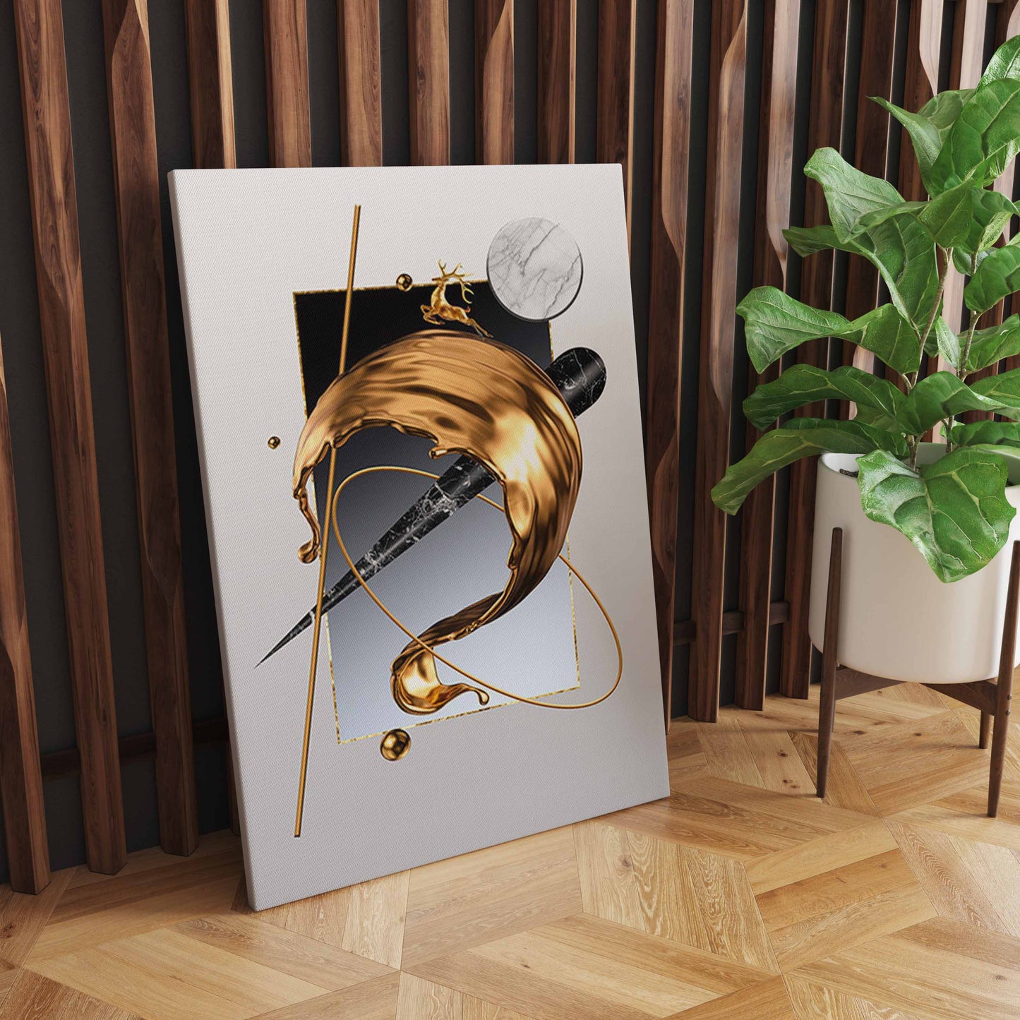 White Rose Flower Golden Ink Splash Abstract Wall Art, Modern Living Room Decoration S04E27