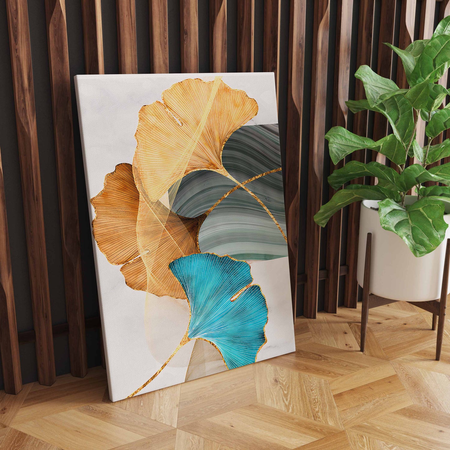 Blue Green Yellow Gold Leaf Plant Flower Canvas Wall Art Abstract Painting Wall Art Print" - Modern Pictures Living Room Decor S04E02