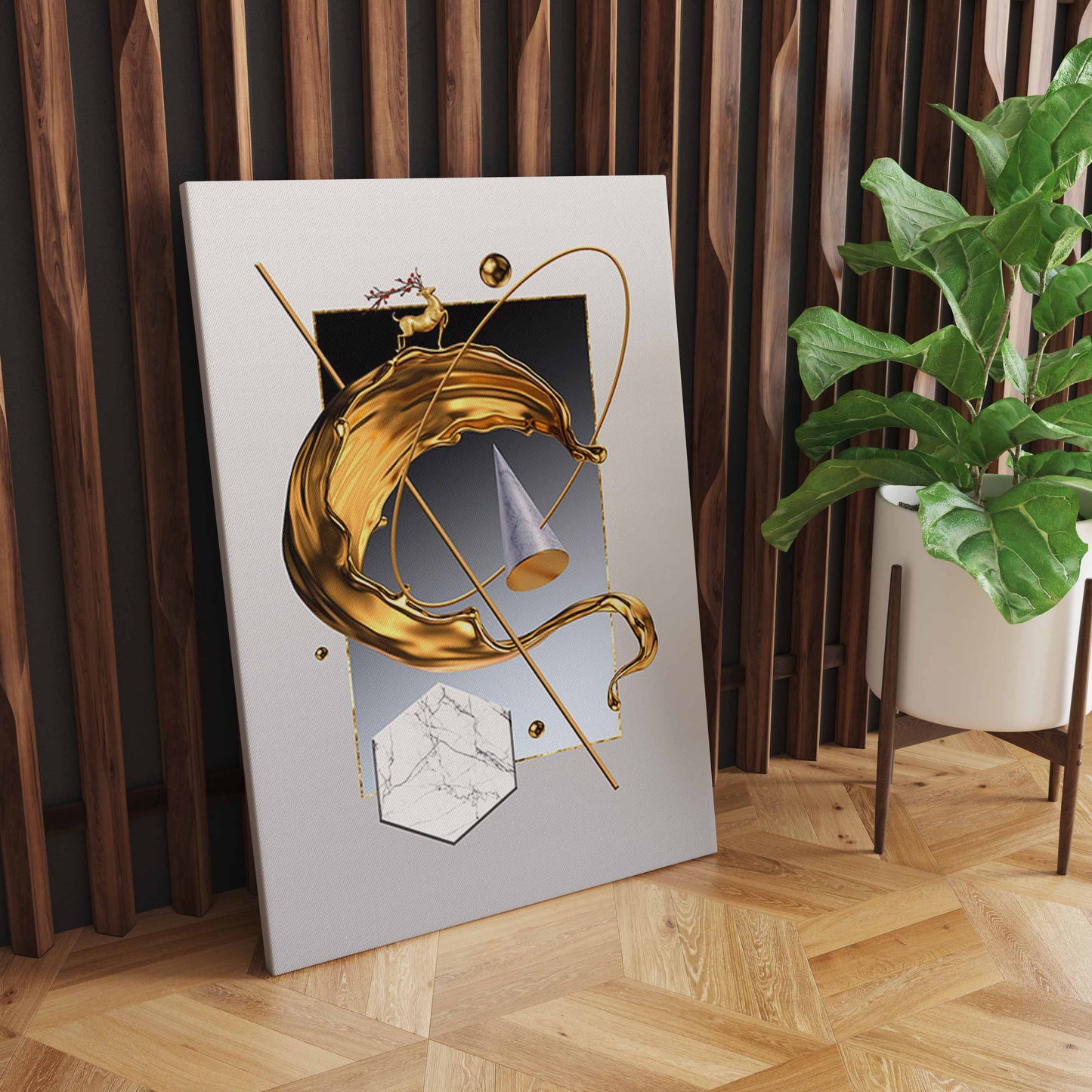 White Rose Flower Golden Ink Splash Abstract Wall Art, Modern Living Room Decoration S04E27