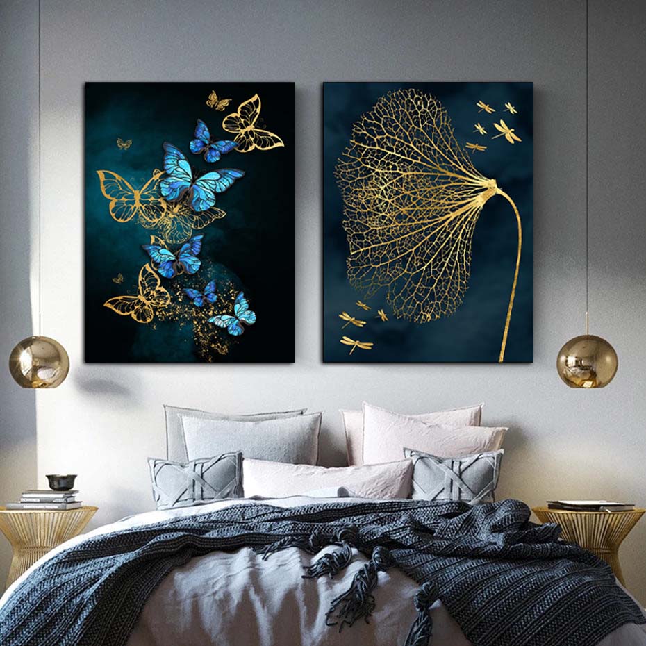 Beautiful Butterflies Art Wall Decor - Set of 3 Tiles with Gold, Blue, Black and White Print on Fabric Wrapped Around Wooden Frame - Perfect for Home or Office Decoration S04E29