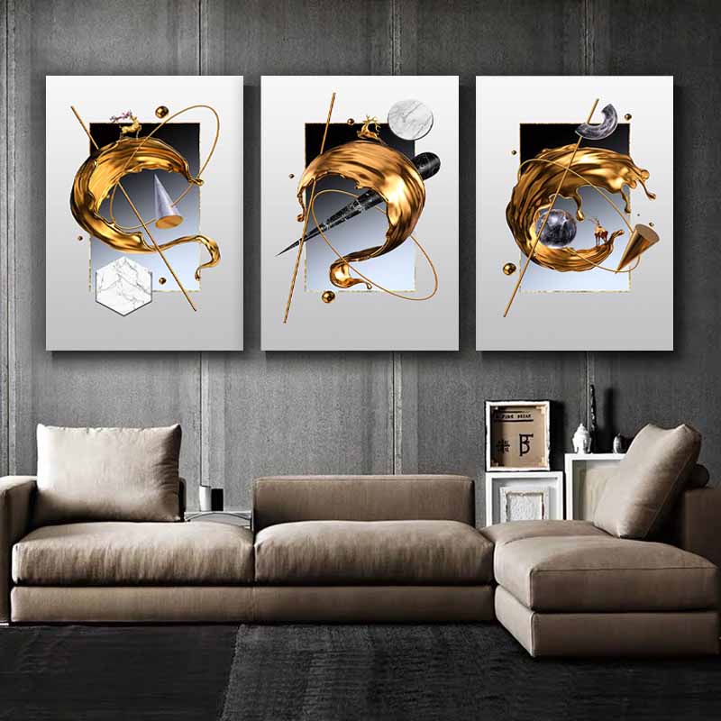 White Rose Flower Golden Ink Splash Abstract Wall Art, Modern Living Room Decoration S04E27