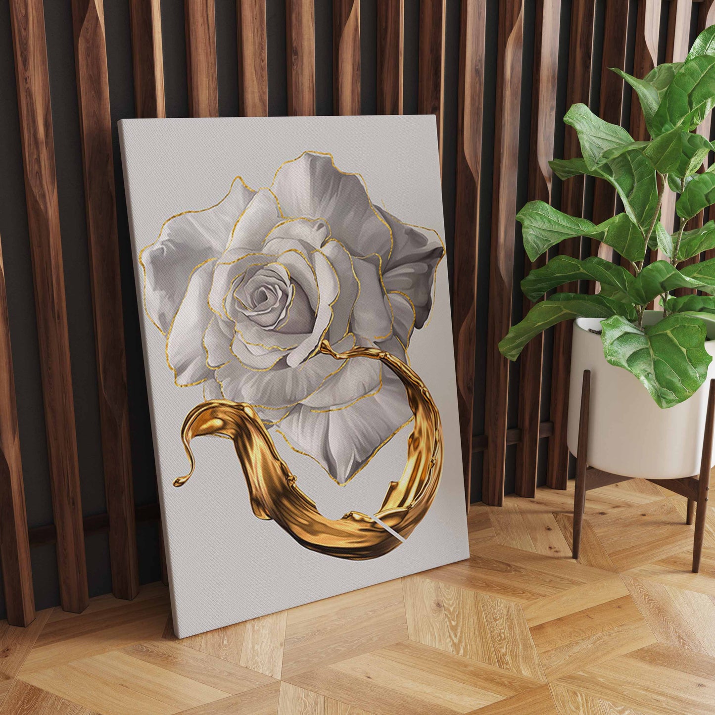 White Rose Flower Golden Ink Splash Abstract Wall Art, Modern Living Room Decoration S04E27