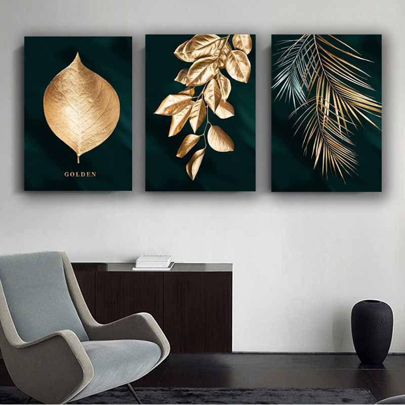 Golden Leaf and Tree Branches Wall Art, Nature-Inspired, Elegant Home Decor for Tranquil Ambiance S04E04