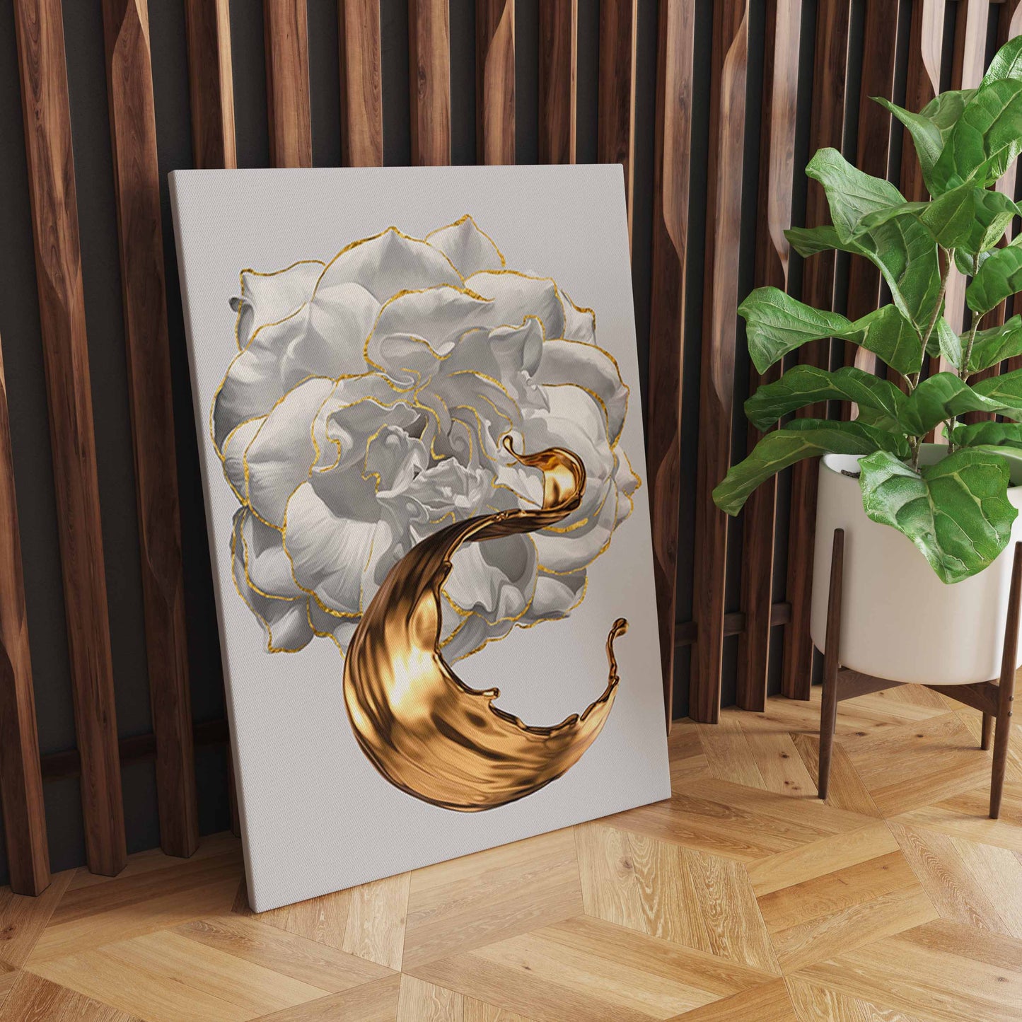 White Rose Flower Golden Ink Splash Abstract Wall Art, Modern Living Room Decoration S04E27
