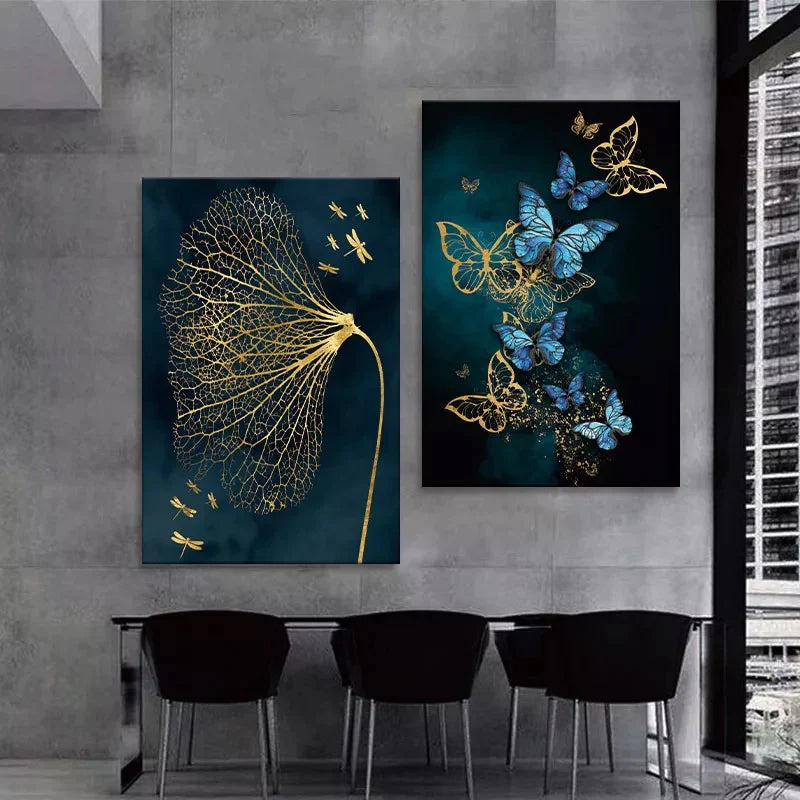 Beautiful Butterflies Art Wall Decor - Set of 3 Tiles with Gold, Blue, Black and White Print on Fabric Wrapped Around Wooden Frame - Perfect for Home or Office Decoration S04E29
