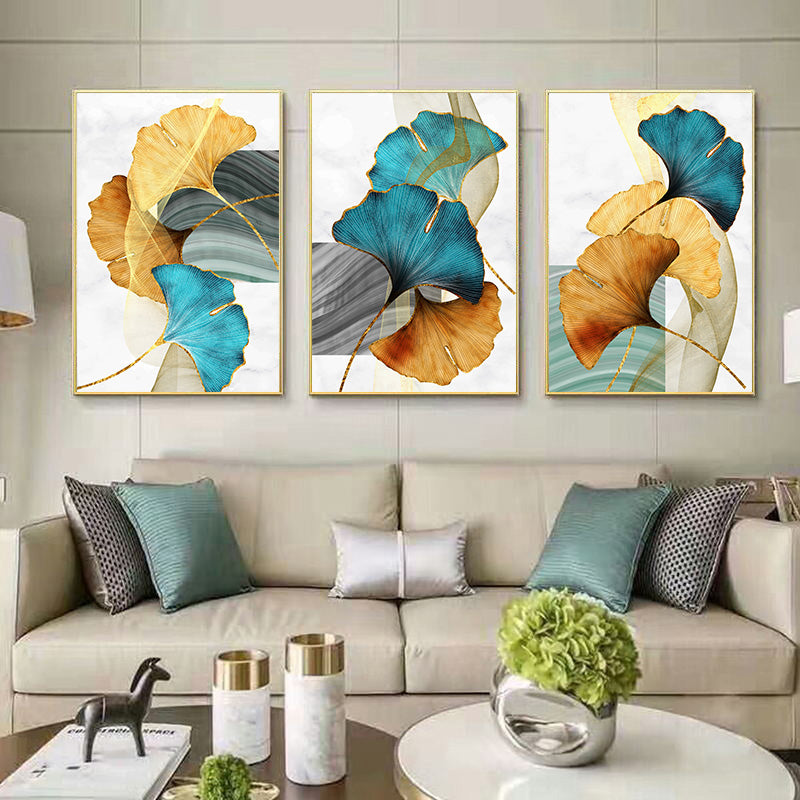 Blue Green Yellow Gold Leaf Plant Flower Canvas Wall Art Abstract Painting Wall Art Print" - Modern Pictures Living Room Decor S04E02