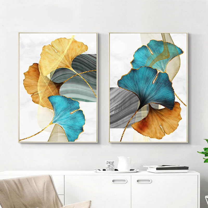Blue Green Yellow Gold Leaf Plant Flower Canvas Wall Art Abstract Painting Wall Art Print" - Modern Pictures Living Room Decor S04E02