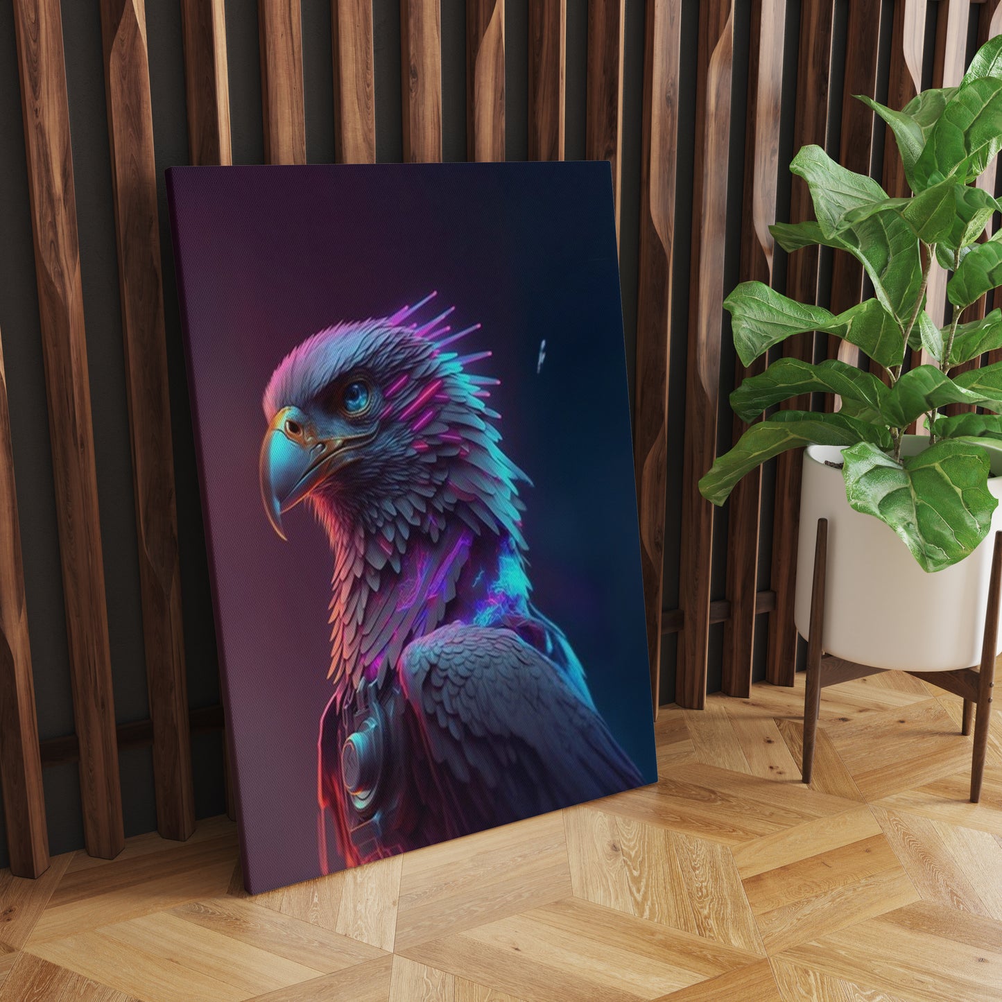 Ethereal Soar: A Wall Art Showcasing an AI Eagle Against a Bluish Purple Backdrop - Celebrate the Fusion of Technological Flight and Artistic Splendor - S05E69