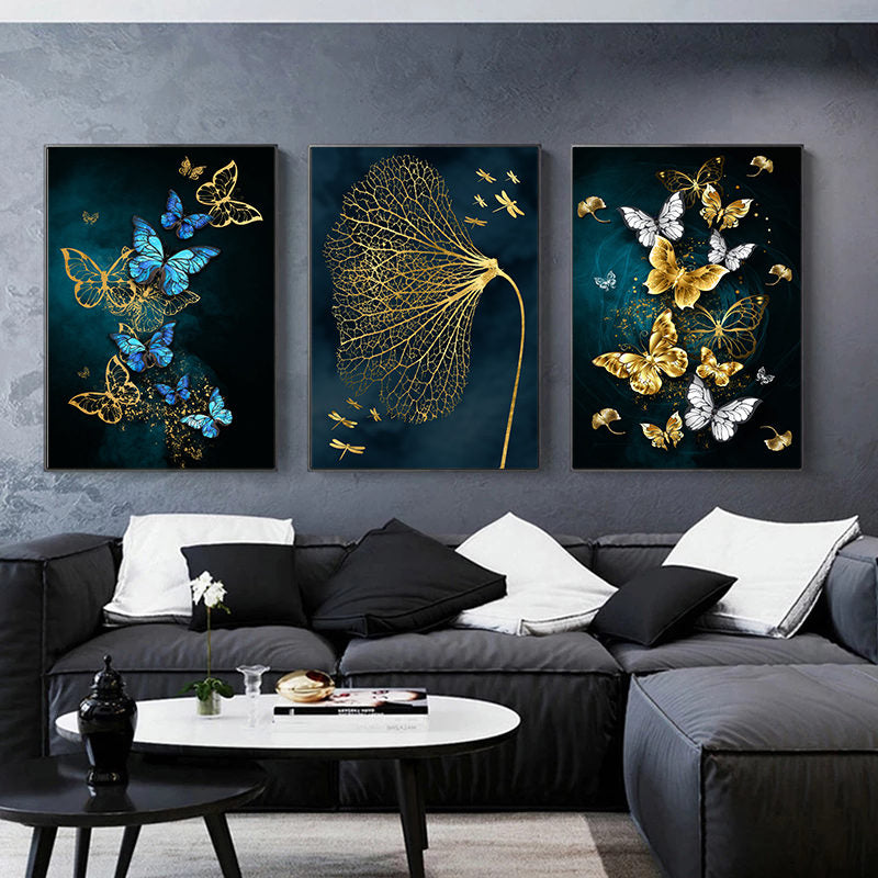 Beautiful Butterflies Art Wall Decor - Set of 3 Tiles with Gold, Blue, Black and White Print on Fabric Wrapped Around Wooden Frame - Perfect for Home or Office Decoration S04E29