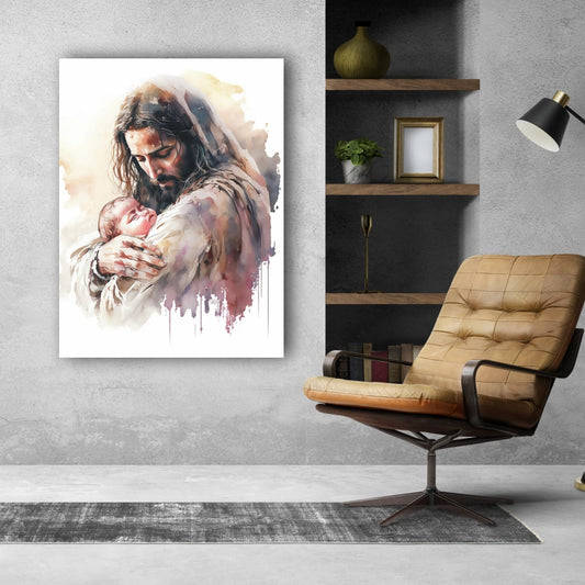 Tender Love: Heartwarming Wall Art of Jesus Holding a Baby - Embrace the Divine Bond of Compassion and Innocence - S05E32