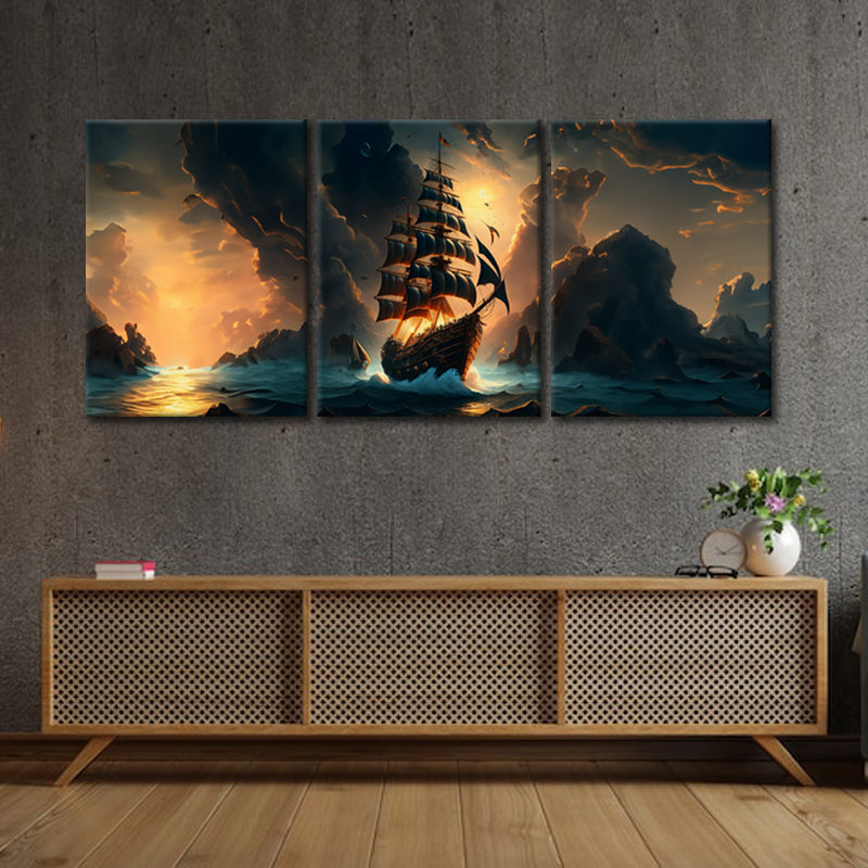Sun-Kissed Odyssey: A Wall Art Capturing a Sailing Ship Amidst Sea Waves and the Gentle Glow of Dawn - Embark on a Radiant Nautical Journey - S05E77