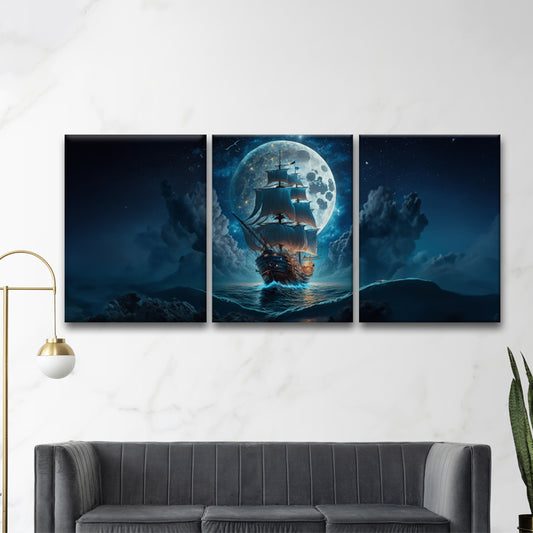 Lunar Voyage: A Wall Art Capturing a Sailing Ship Gliding Beneath the Moon's Illuminating Gaze - Sail into the Mystical Night - S05E76