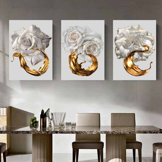 White Rose Flower Golden Ink Splash Abstract Wall Art, Modern Living Room Decoration S04E27