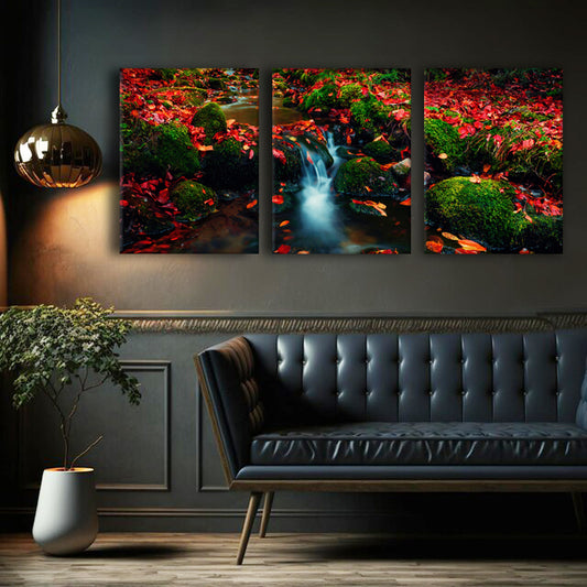 Autumn Cascade: Captivating Wall Art of Falling Water from Rustic Rocks - Embrace Nature's Serenity Amidst the Season's Beauty - S05E42