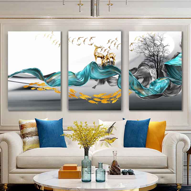 Golden Majesty: Nordic Abstract Golden Deer Painting Canvas Wall Art" - Gold Blue Wall Art Pictures For Living Room Modern Home Decoration S04E03