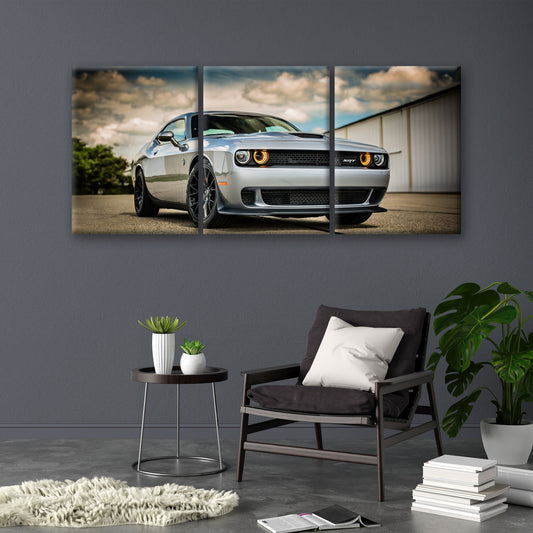 Silver Streaks: The Bold Presence of a Mustang Muscle Car, Gracefully Parked by an Industrial Warehouse, Where Metallic Brilliance Meets Urban Grit and Style - S05E96