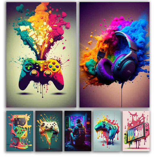 Colorful Punk Neon Gamer Controller Wall Art, Cool Gaming Fabric Print - Abstract Aesthetic - Esports Game Home Decoration S04E28