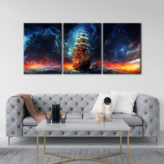 Journey to Resilience: A Wall Art Depicting an AI Sailing Ship Sailing Away from the Flames - Embrace Hope Amidst Adversity - S05E80