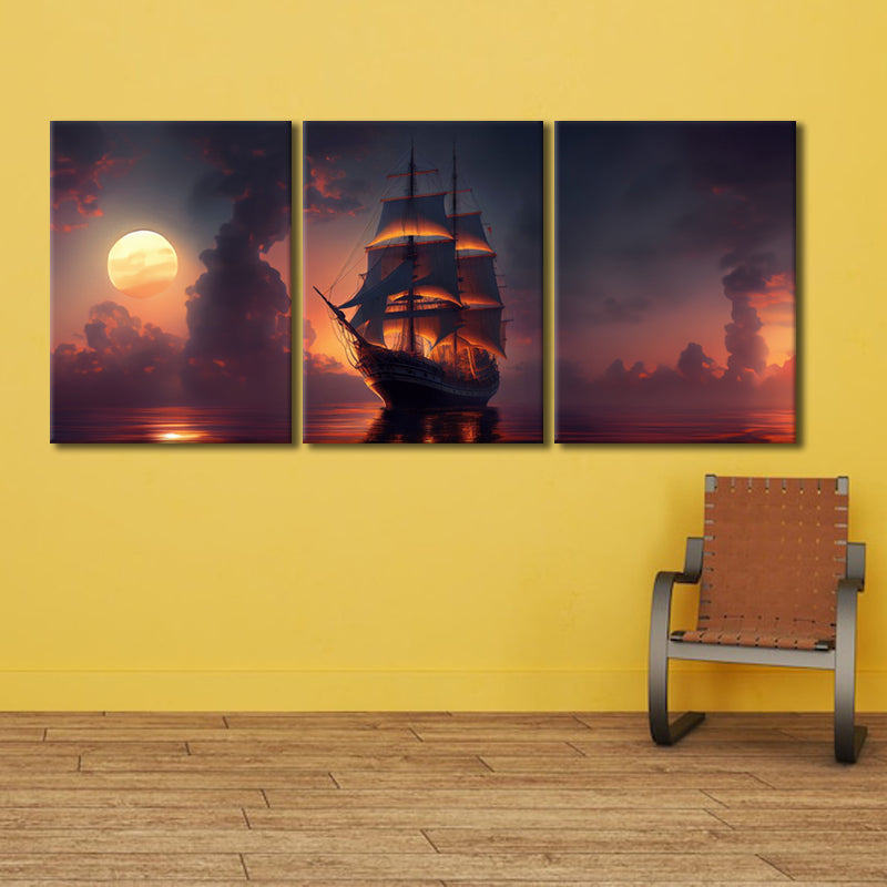 Sailing into Sunset's Embrace: A Wall Art Capturing a Majestic Ship Navigating the Sea in the Warm Glow of Dusk - Embark on a Voyage of Golden Tranquility - S05E79