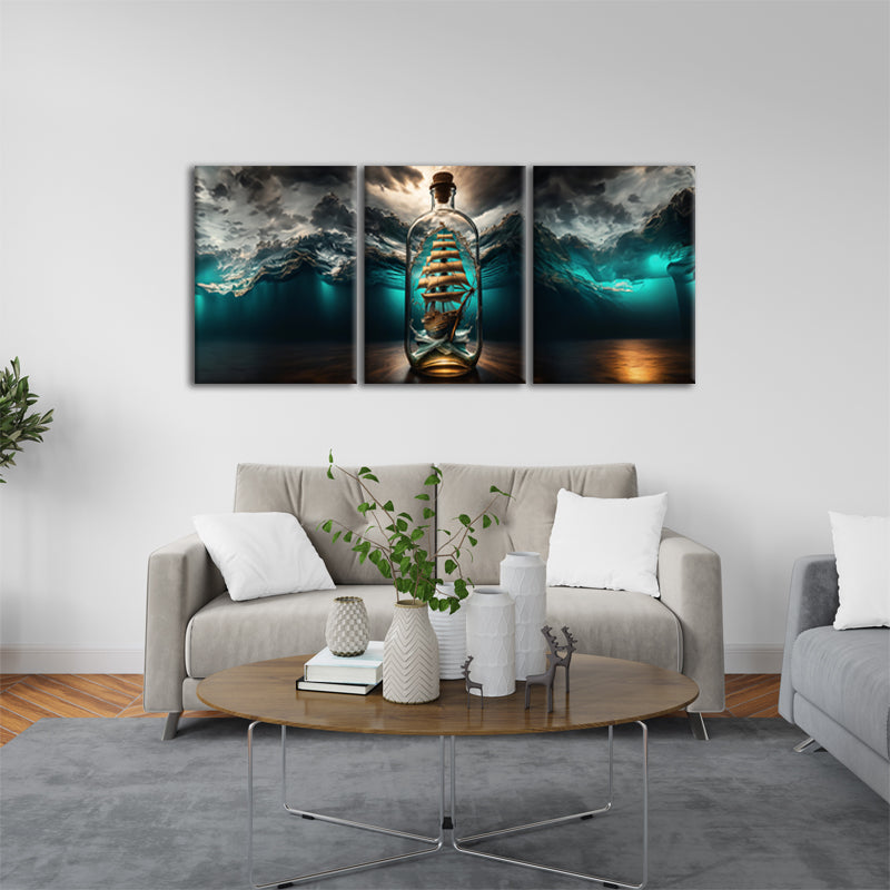 Uncharted Elegance: A Wall Art Capturing a Sailing Ship Encased in a Bottle Beneath the Ocean's Depths - A Captivating Fusion of Maritime Charm and Underwater Beauty - S05E81