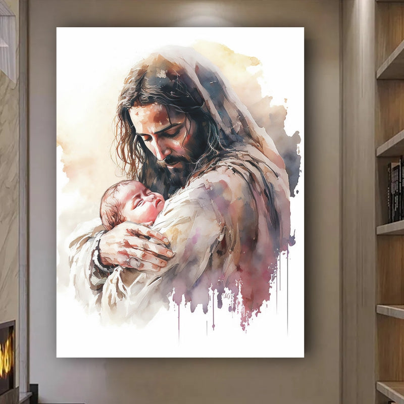 Tender Love: Heartwarming Wall Art of Jesus Holding a Baby - Embrace the Divine Bond of Compassion and Innocence - S05E32