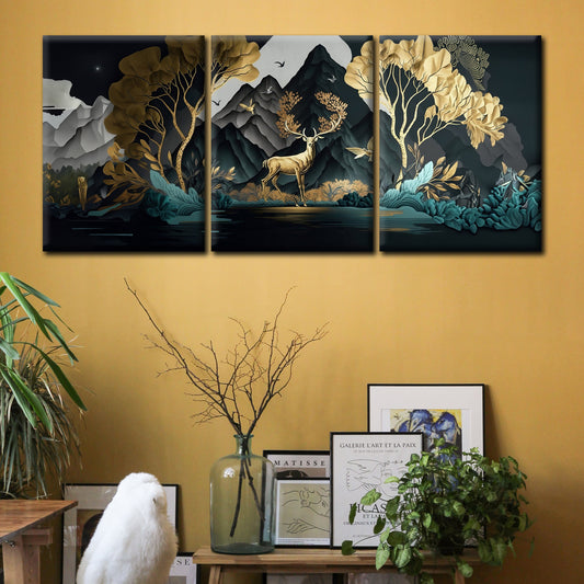Golden Tranquility: Majestic Deer, Gilded Trees, and Mountain Majesty - S05E87