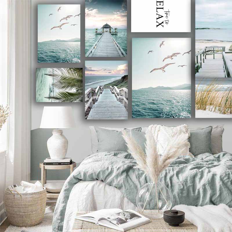 Vibrant Summer Beach Sea Ocean Wall Art, Bridge, Leaves, Turtle, Seagull - Nordic Home Decoration S04E23