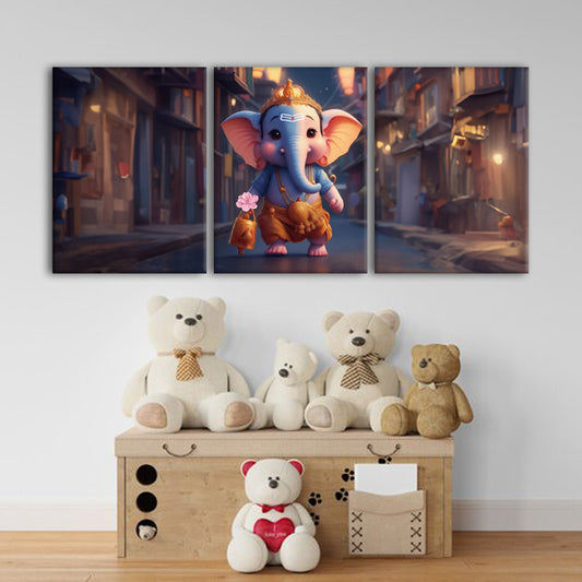 Celestial Stroll: A Wall Art Capturing Cute Ganesh Walking on the Road - Embrace the Playful Spirit of the Divine - S05E58