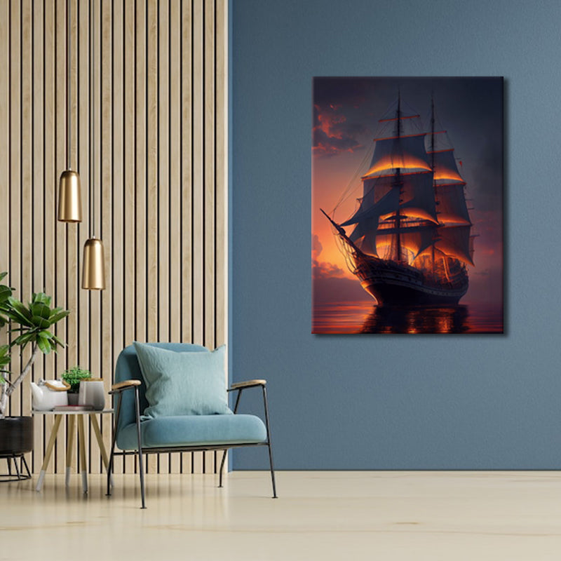 Sailing into Sunset's Embrace: A Wall Art Capturing a Majestic Ship Navigating the Sea in the Warm Glow of Dusk - Embark on a Voyage of Golden Tranquility - S05E79