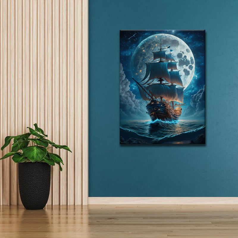 Lunar Voyage: A Wall Art Capturing a Sailing Ship Gliding Beneath the Moon's Illuminating Gaze - Sail into the Mystical Night - S05E76