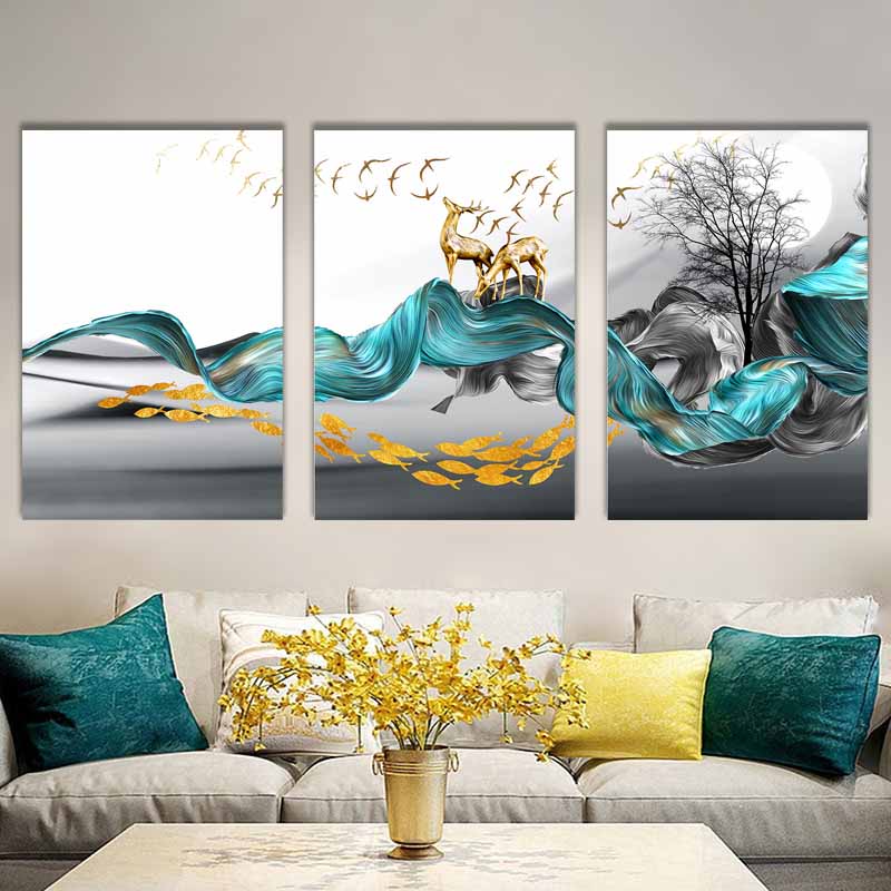 Golden Majesty: Nordic Abstract Golden Deer Painting Canvas Wall Art" - Gold Blue Wall Art Pictures For Living Room Modern Home Decoration S04E03
