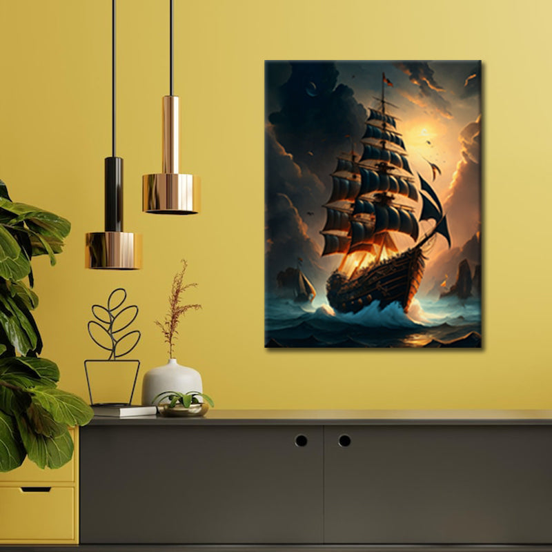 Sun-Kissed Odyssey: A Wall Art Capturing a Sailing Ship Amidst Sea Waves and the Gentle Glow of Dawn - Embark on a Radiant Nautical Journey - S05E77