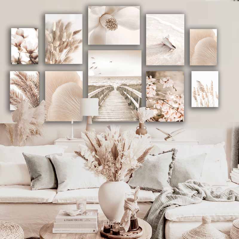 Beige Flower Grass Picture Wall Art, Nordic Minimalist Modern Home Decoration Living Room Design S04E19