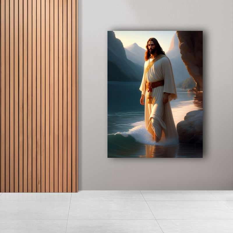 Divine Steps: AI-Generated Wall Art of Jesus Walking on the Beach - Embrace the Spiritual Journey Amidst Scenic Serenity - S05E30