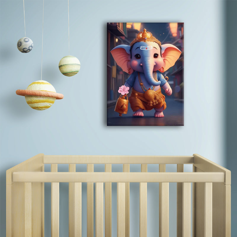 Celestial Stroll: A Wall Art Capturing Cute Ganesh Walking on the Road - Embrace the Playful Spirit of the Divine - S05E58