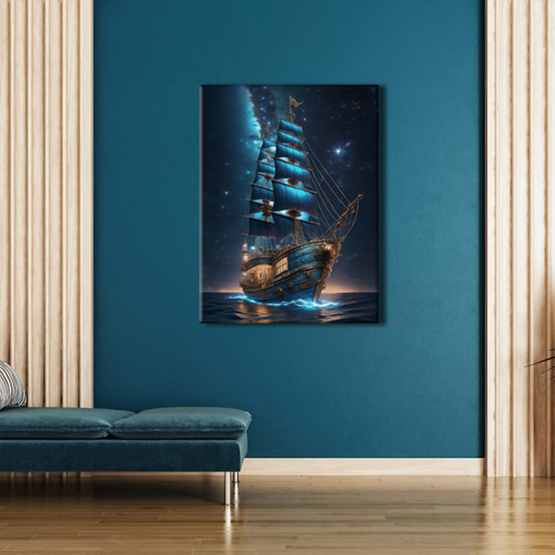 Starry Serenity: A Wall Art Celebrating a Luminous Sailing Ship Sailing Under a Star-Filled Night Sky - Navigate the Celestial Waters of Dreamy Tranquility - S05E78