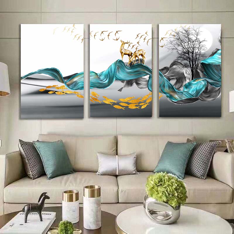 Golden Majesty: Nordic Abstract Golden Deer Painting Canvas Wall Art" - Gold Blue Wall Art Pictures For Living Room Modern Home Decoration S04E03