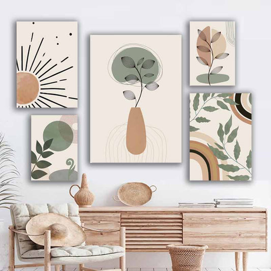 Boho Wall Art, Abstract Geometry Line fabric Printing, Leaves, Sun, Rainbow - Nordic Inspired Enhance Your Living Room Deco S04E22
