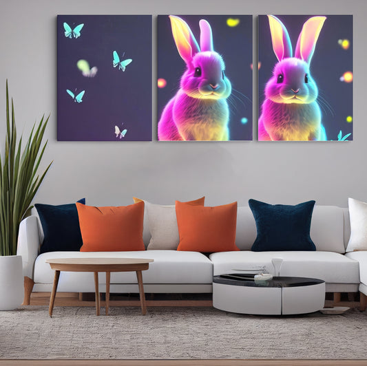 Luminous Playfulness: Neon Glowing Rabbits - Captivating Wall Art Celebrating the Whimsical Charm and Radiant Glow of Playful Bunnies - S06E17