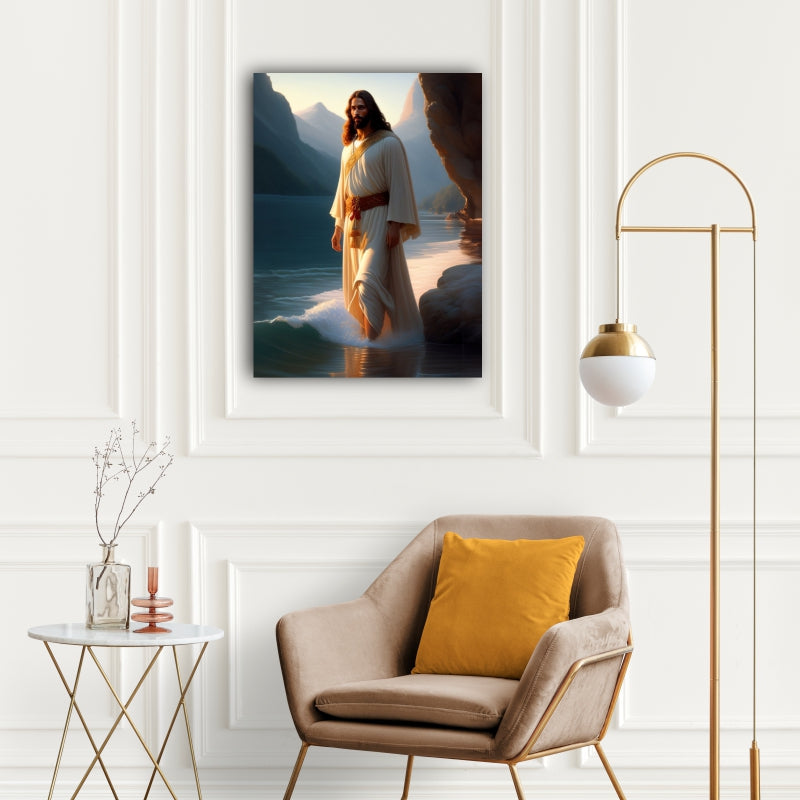 Divine Steps: AI-Generated Wall Art of Jesus Walking on the Beach - Embrace the Spiritual Journey Amidst Scenic Serenity - S05E30