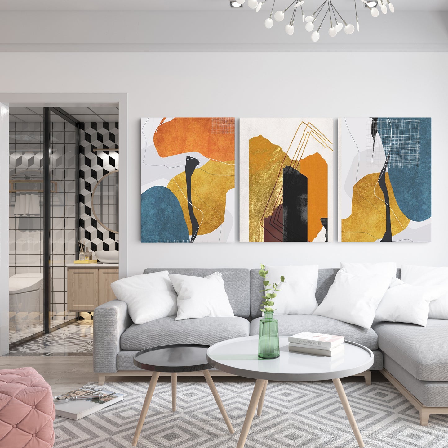 Gilded Fusion: Abstract Gold Brush Effect Marble Orange Geometry - Striking Wall Art Celebrating the Harmonious Blend of Elegance, Opulence, and Geometric Abstraction - S06E14