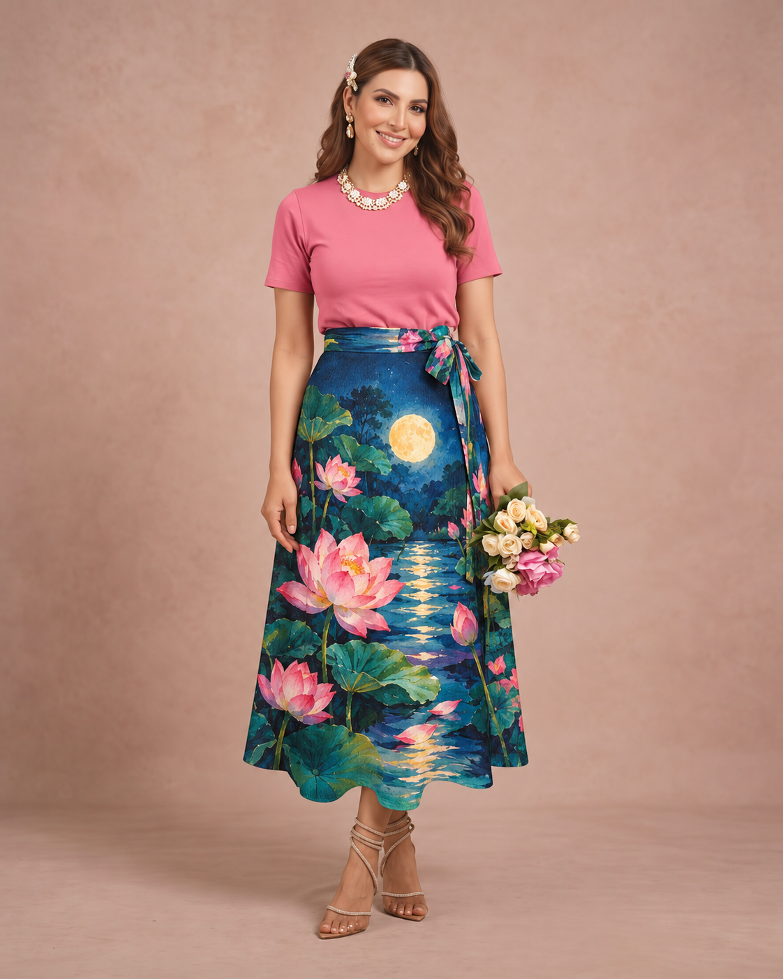 Wrap skirt - Pink Lotus under moon