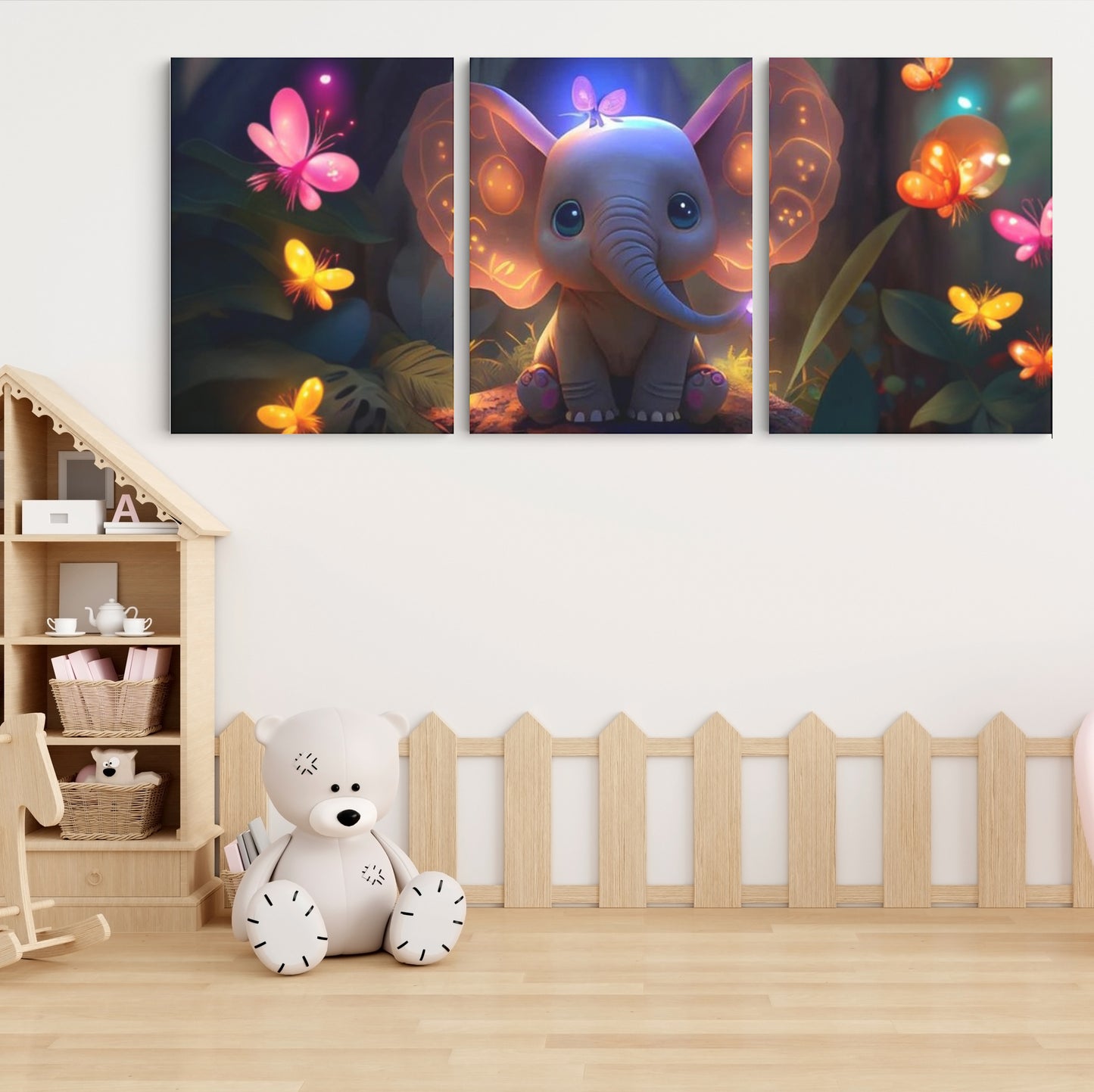 Luminous Harmony: A Wall Art Featuring an AI Elephant Amidst Glowing Butterflies - Celebrate the Fusion of Artificial Intelligence and Natural Splendor - S05E65